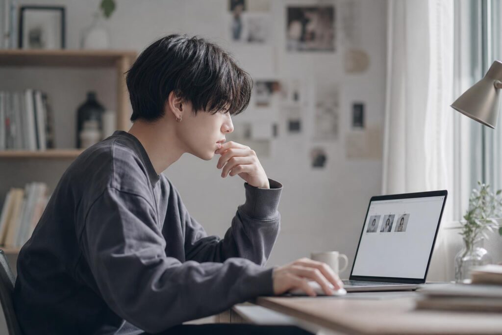 自宅の一人暮らしの部屋、窓際に置かれた小さな机でノートパソコンを開いた一人の人物が、フォルダの中身がわずか数枚しかない写真一覧を眺めながら、マウスに置いた手を止めて考え込んでいる。カメラは机の脇からの低い位置からのサイドショットで、人物の横顔と画面の少なさが分かる程度に映るサムネイル一覧を同一フレームに収め、背景の本棚や壁の求人情報の切り抜きはぼんやりとぼやけて写り込み、何を提出すればよいか迷う静かな戸惑いを強調する構図になっている。