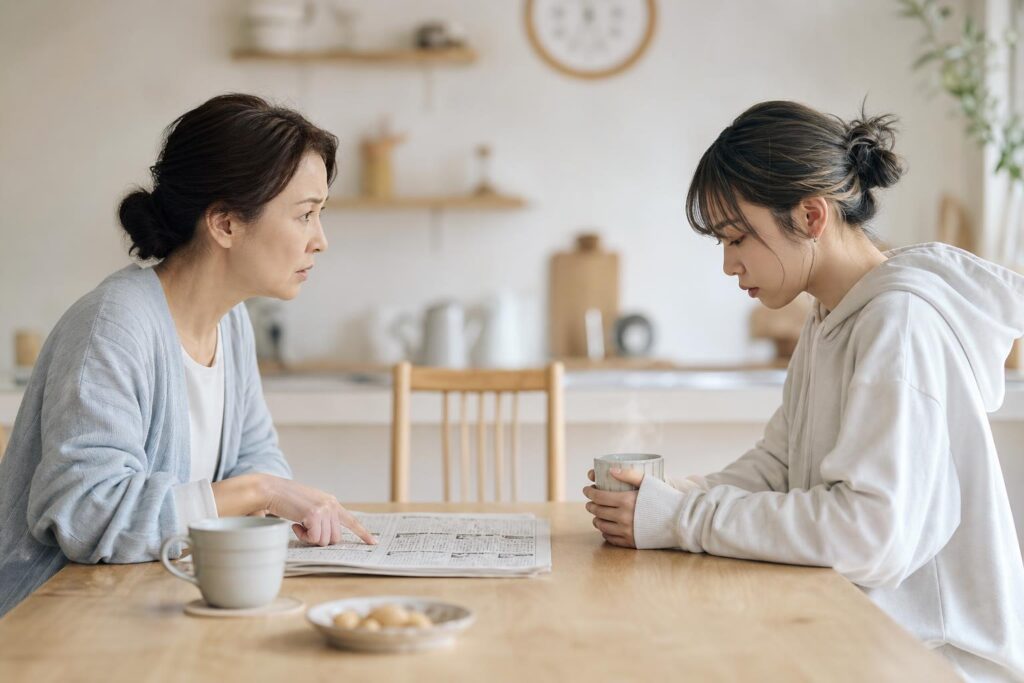 自宅の食卓を挟んで向かい合う母親役の人物と学生役の人物。母親は手元に置いた新聞の求人欄を指先で押さえながら険しい表情で話しかけ、学生はうつむき加減にコップを両手で包み込むように持って黙って聞いている。カメラは食卓の横からのミドルショットで、二人の表情と間に置かれた新聞、湯気の立つカップを同一フレームに収め、背景の台所の棚や壁掛け時計は柔らかくぼやけて写り込み、感情ではなく将来への不安がにじむ静かな会話の緊張感を強調する構図になっている。