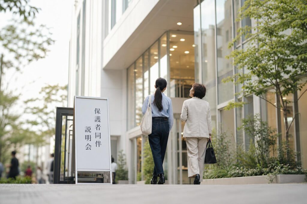 美容専門学校の正門前、保護者同伴説明会と書かれた立て看板の脇を、親子役の二人が並んで歩きながら建物の入口へ向かっていく後ろ姿を捉えている。学生役がやや先を歩き、親役がその半歩後ろから建物を見上げるように視線を上げている。カメラは校門側からの低い位置からのロングショットで、看板の文字と二人の後ろ姿、奥に広がる校舎の外観を同一フレームに収め、背景の街路樹や通行人はぼんやりとぼやけて写り込み、家族で一歩踏み出して情報に触れようとする前向きな距離感を強調する構図になっている。
