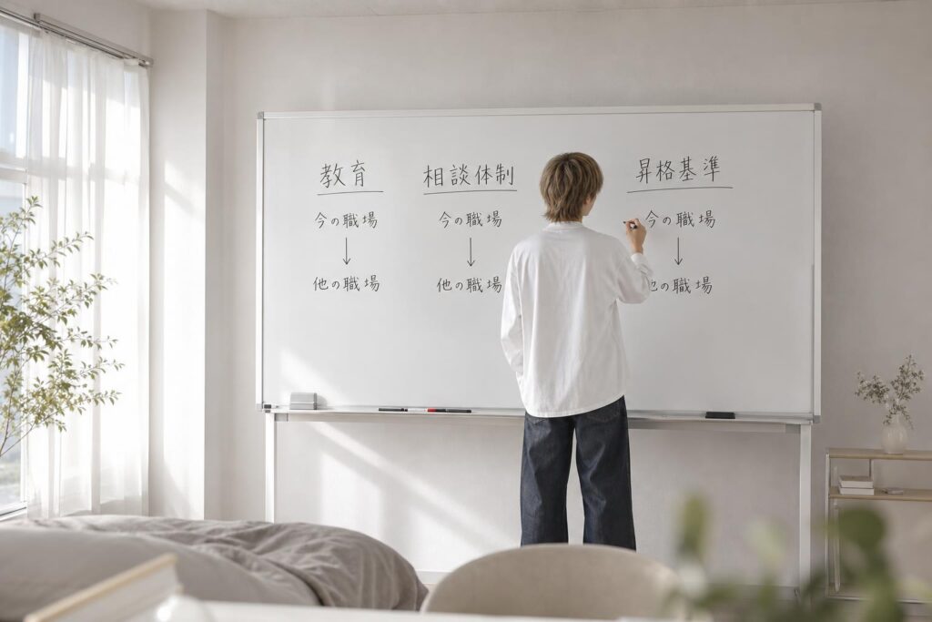 自宅の一室に置かれた大きなホワイトボードの前に一人で立つ人物が、マーカーを手に「教育」「相談体制」「昇格基準」という三つの見出しを書き、それぞれの下に今の職場と他の職場を示す矢印を描き加えている。カメラは部屋の斜め後方からの引き気味のロングショットで、ホワイトボード全体と人物の背中、書き込まれた項目の対比を同一フレームに収め、背景の窓から差し込む朝の光が柔らかく写り込み、感情を排して条件そのものを俯瞰的に見極めようとする冷静な検討の姿勢を強調する構図になっている。