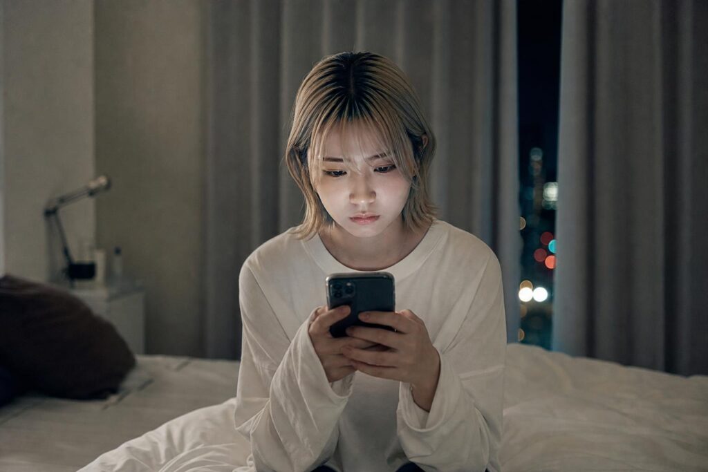 自宅の寝室で一人の人物が、ベッドの縁に浅く腰掛けたままスマートフォンを両手で持ち、自分のプロフィール画面を上から下へスクロールしながら眉根を寄せている。カメラは正面やや高い位置からのバストアップショットで、画面の光が顔にわずかに反射する様子と、背後にぼんやり写り込むカーテンの隙間から漏れる夜の街灯を同一フレームに収め、誰かに見られているかもしれないという確証のない不安が静かに広がる緊張感を強調する構図になっている。