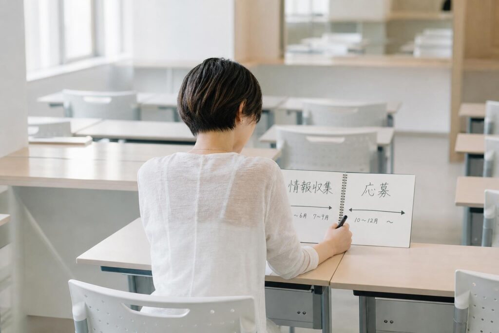 美容学校の空いた教室で、一人の学生が机に二冊のノートを並べて開き、左側のページに「情報収集」、右側のページに「応募」と大きく書き分けながら、それぞれの下に時期を示す矢印を書き込んでいる。カメラは教室の後方からの引き気味のミドルショットで、学生の背中と両方のノートの見開きを同一フレームに収め、背景には使われていない机や椅子が整然と並ぶ様子がぼんやりと写り込み、行動を段階として切り分けて捉えようとする整理的な思考の過程を強調する構図になっている。