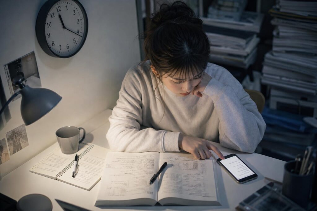 自宅の学習机で一人の人物が深夜に一人で座り、開いた問題集のページに視線を落としながら、机の端に置いたスマートフォンの画面に表示された内定通知メールを指先で何度も表示し直している。カメラは机上斜め上からのハイアングルショットで、開かれた問題集とスマートフォンの画面を同一フレームに収め、背景には積み上げられた参考書の山と、深夜の時刻を示す壁掛け時計の針がぼんやりと写り込み、二つの気がかりが同時に頭を占めて集中が途切れがちになる落ち着かない心情を強調する構図になっている。