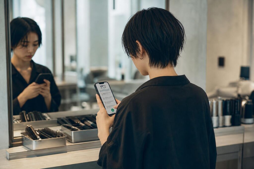 閉店後のサロンで、一人のスタイリストが消灯されたセット面の前に佇み、手にしたスマートフォンの画面には退職代行サービスの検索結果が並んでいるが、指先が発信ボタンの上でぴたりと止まっている。カメラは背後からの中距離バストショットで、鏡にうっすらと映り込む本人の横顔とスマホ画面を同一フレームに収め、背景には片付けられたブラシやハサミの道具箱が整然と並ぶ様子がぼんやりと写り込み、言葉にできない葛藤を抱えたまま動けずにいる静かな緊張感を強調する構図になっている。