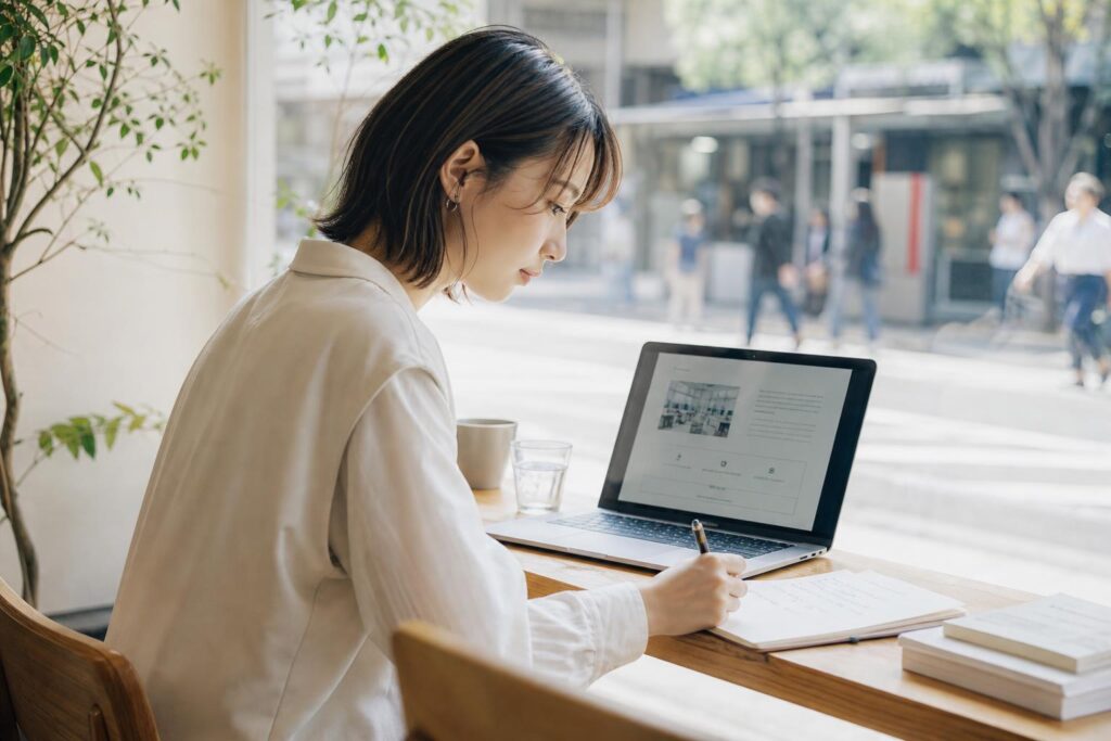 昼下がりのカフェの窓際で、一人の人物がノートパソコンを開き、企業の採用ページに掲載された「本部相談窓口」の案内を確認しながら、隣に置いたメモ帳に連絡先を書き留めている。カメラは斜め前方からのミドルショットで、人物の横顔とノートパソコンの画面、メモ帳を対角線上に収め、背景には窓越しに差し込む柔らかな昼の光と行き交う人影がぼんやりと写り込み、退職代行を使わずに済む道を探そうとする落ち着いた思案の様子を強調する構図になっている。
