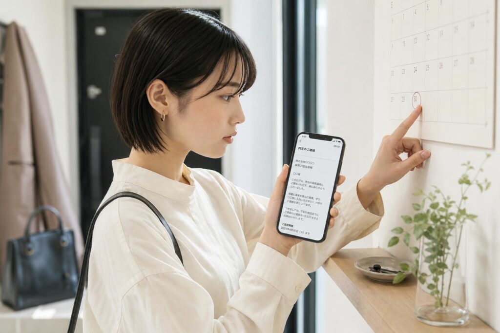 自宅の玄関脇に置かれた小さな棚の前に一人の人物が立ち止まり、片手にスマートフォンを持って内定連絡のメール画面を開きながら、もう一方の手で壁に掛けたカレンダーの返事期限の日付に指先を当てている。カメラは玄関側からの斜め前方の近距離バストショットで、人物の横顔とスマートフォン画面、カレンダーの日付欄を一つのフレームに収め、背景には出かける準備の途中で置かれたコートと鞄がぼんやりと写り込み、返事を出す前の限られた時間の中で問い合わせるタイミングを慎重に見極めようとする落ち着いた思案の様子を強調する構図になっている。