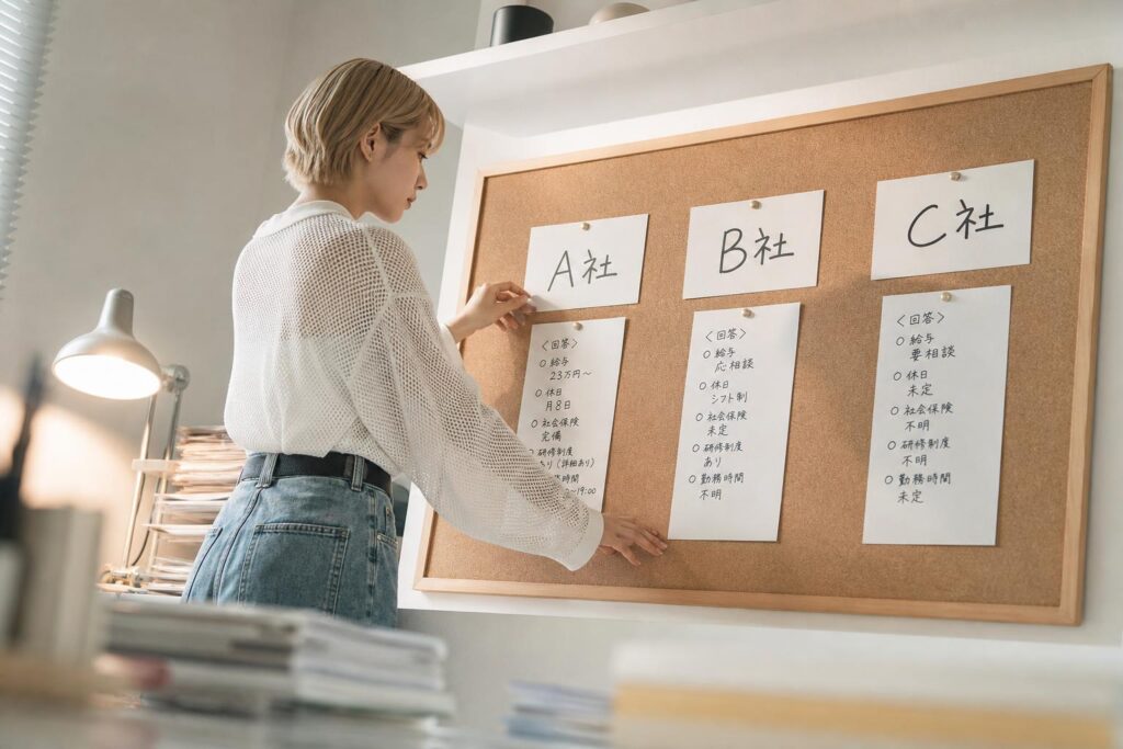 自宅の書斎コーナーに設置されたコルクボードの前に一人の人物が立ち、A社・B社・C社と書かれた三枚のカードをピンで留めながら、それぞれの下に手書きの回答内容を貼り付けている。カメラは部屋の斜め下からのローアングルショットで、コルクボード全体と人物の腕の動きを同一フレームに収め、背景にはデスクランプの淡い光と積まれた書類の影がぼんやりと写り込み、各社の回答の明確さと曖昧さを一目で見比べられるように整理していく分析的な姿勢を強調する構図になっている。