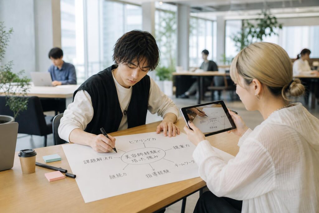 コワーキングスペースの共有デスクで、一人の人物が大きな白紙に「ヒアリング力」「提案力」「指導経験」といった項目を放射状に書き出しながら、隣に座るもう一人の人物がタブレットでその紙面を撮影して記録している。カメラは左側面からの中距離ショットで、白紙全体と二人の手の動きを同一フレームに収め、背景には離れた席で作業する他の利用者の気配がぼんやりと写り込み、これまで積み重ねてきた経験を客観的な言葉として整理し直し、次の一歩に活かそうとする前向きな共同作業の様子を強調する構図になっている。