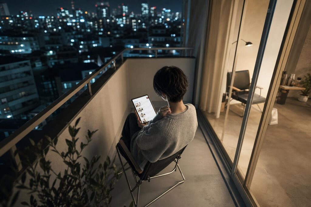 深夜のマンションのベランダで、一人の人物が折りたたみ椅子に浅く腰掛け、膝の上に置いたタブレットで求人サイトの一覧をスクロールしながら、もう一方の手でカーディガンの袖口をきつく握りしめている。カメラは背後やや上からのハイアングルロングショットで、人物の背中越しにタブレット画面と隣接する部屋の窓明かりを同一フレームに収め、背景には遠くのビル群の夜景がぼんやりと滲み、若いスタッフの写真が並ぶ画面を前に、体力や周囲との関係について漠然とした不安が募っていく孤独な夜の様子を強調する構図になっている。