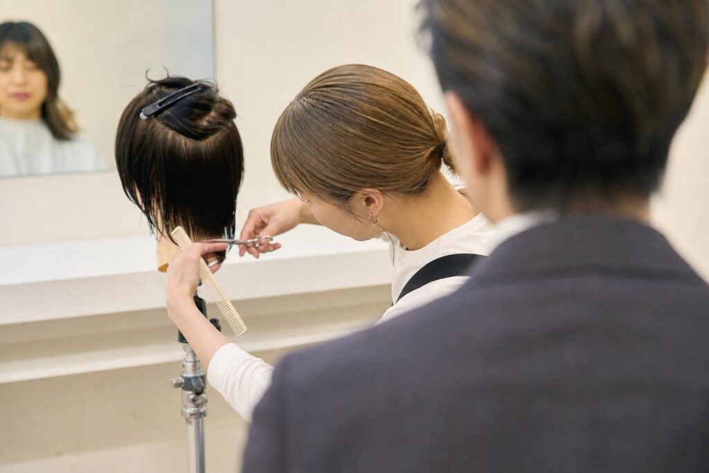 実技テストの作業台で、面接官役の肩越しに、応募者役がカットラインのわずかなズレに気づき小さくハサミを入れて修正する手元を中距離で捉え、モデルの髪と表情がぼんやり背景に写り込む構図。