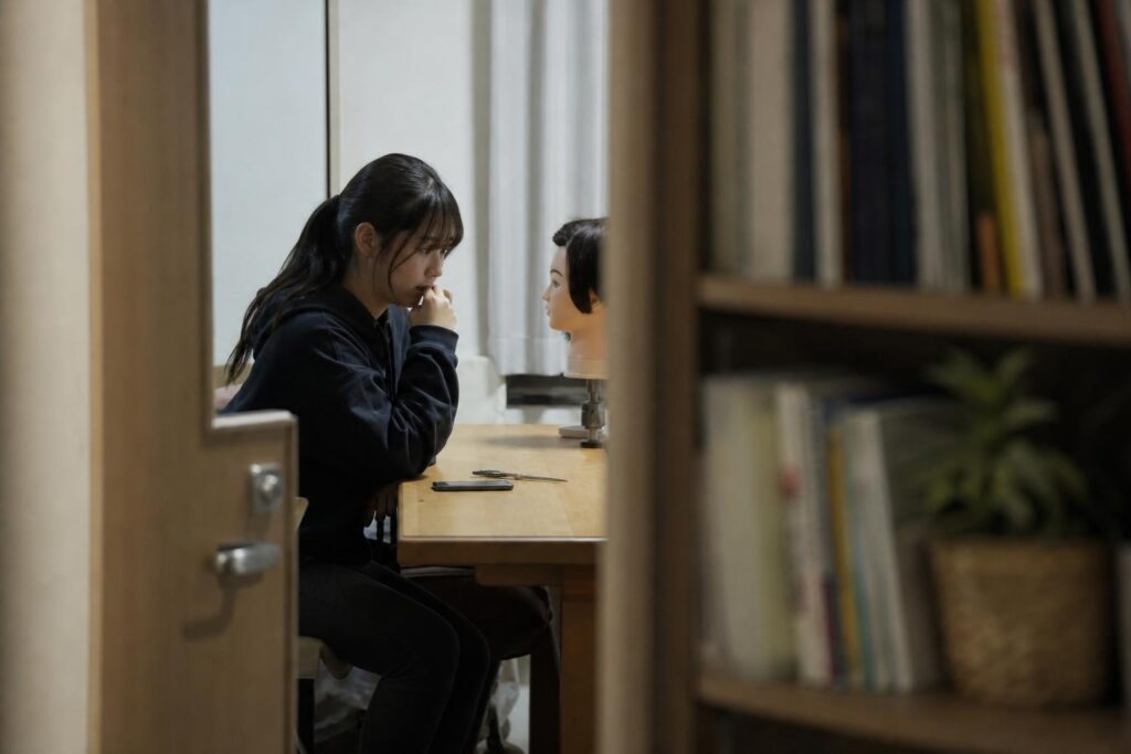 自宅の勉強机で、美容学生役が一人、伏せた携帯電話の横に置かれた練習用ハサミとマネキンヘッドをじっと見つめる様子を、開いたドア越しに望遠レンズでやや離れて捉え、手前の本棚を軽くぼかしながら静かな緊張感を写す構図。
