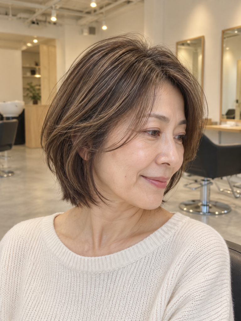 自然な白髪ぼかしのミディアムボブと、落ち着いた美容室の店内