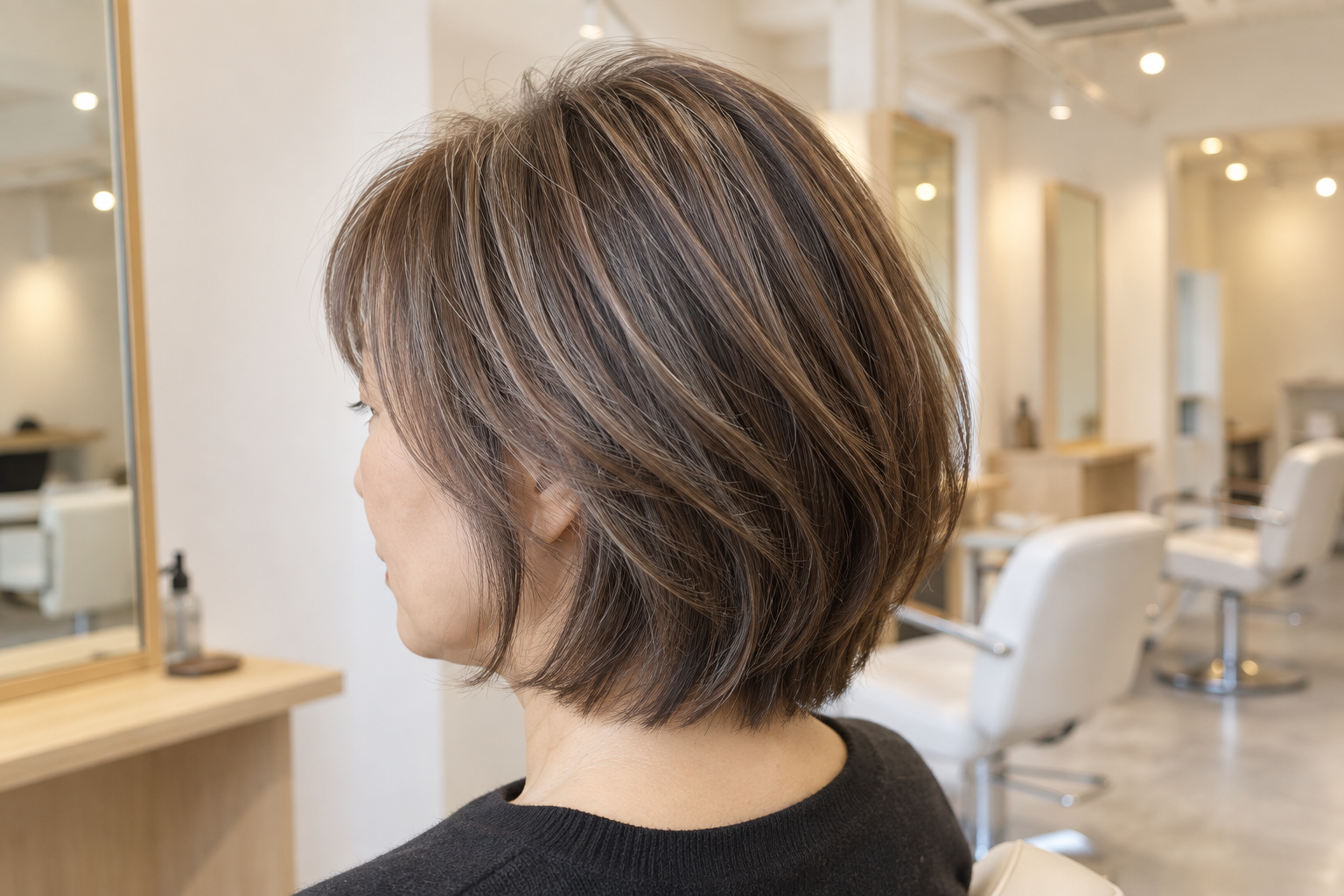 白髪と周囲の髪になじむ細い筋感の白髪ぼかし
