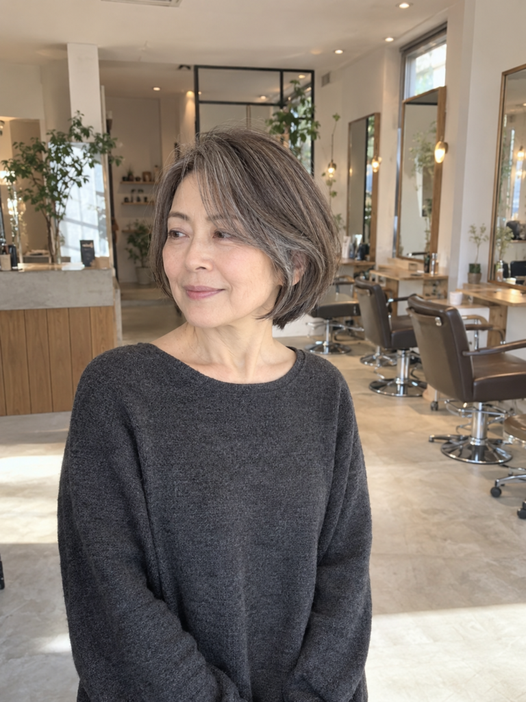 60代女性の白髪を自然になじませた明るすぎないショートボブ