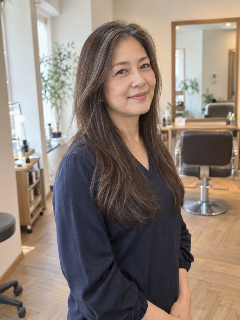 白髪ぼかしの細いハイライトを入れた自然なロングヘア