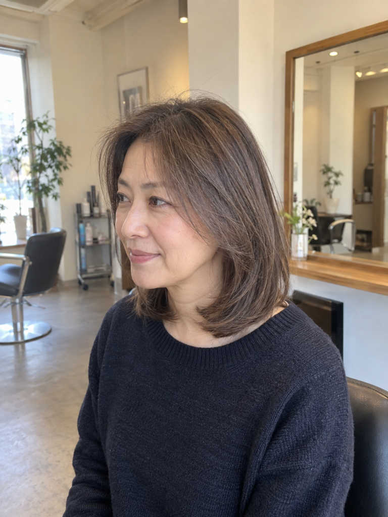 白髪ぼかしの細いハイライトを入れた自然なミディアムヘア