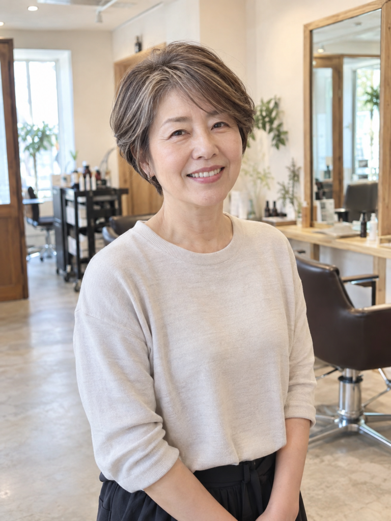 白髪ぼかしの細いハイライトを入れた自然なショートヘア