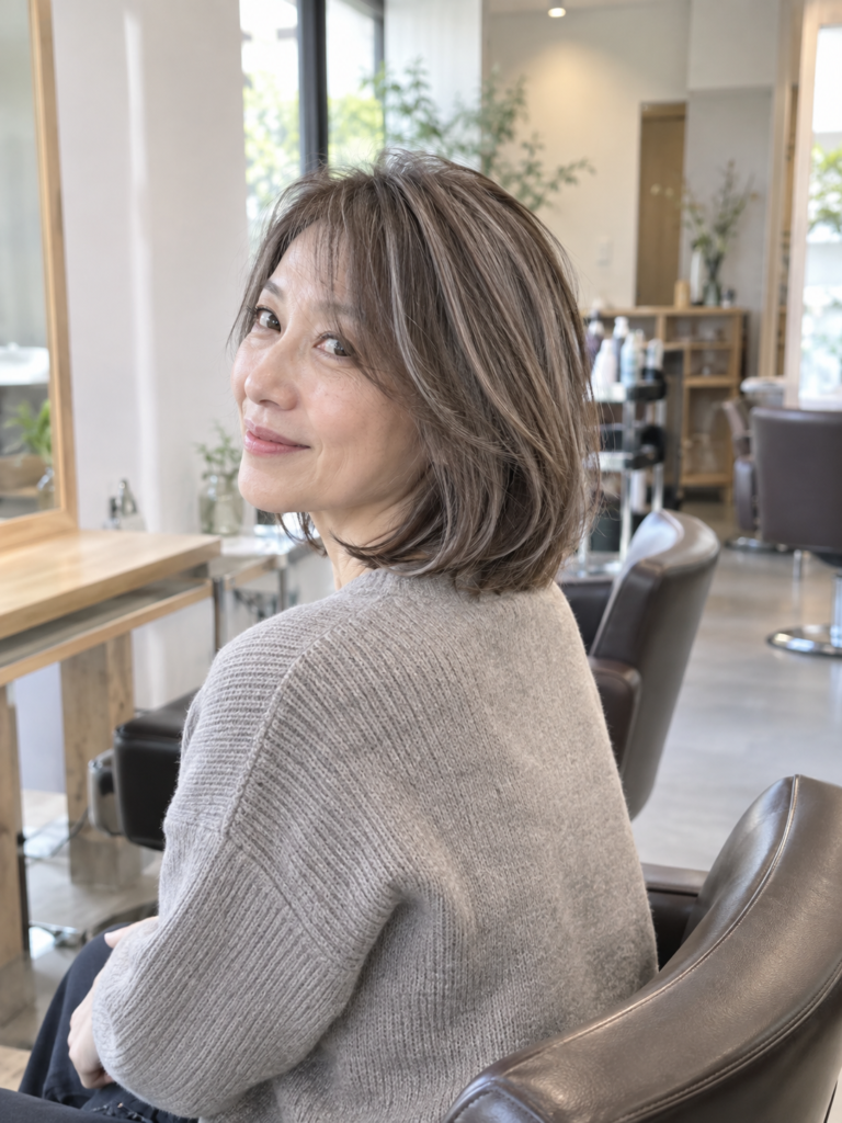 白髪ぼかしハイライトの太さを自然に調整した50代女性のミディアムヘア