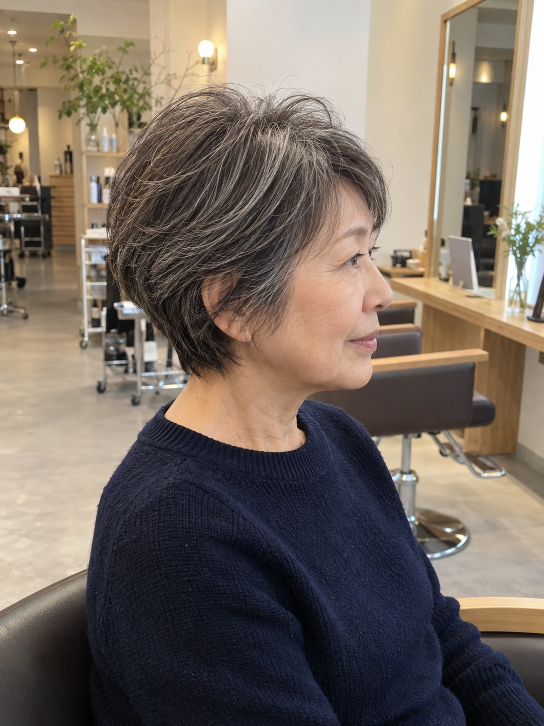 60代女性の細かな白髪ぼかしとトップに動きのあるショートヘア