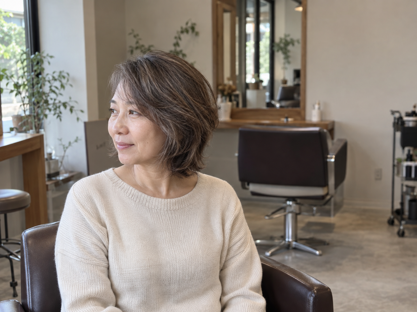 白髪を活かしたベージュブラウンの白髪ぼかしを選ぶ50代女性のイメージ