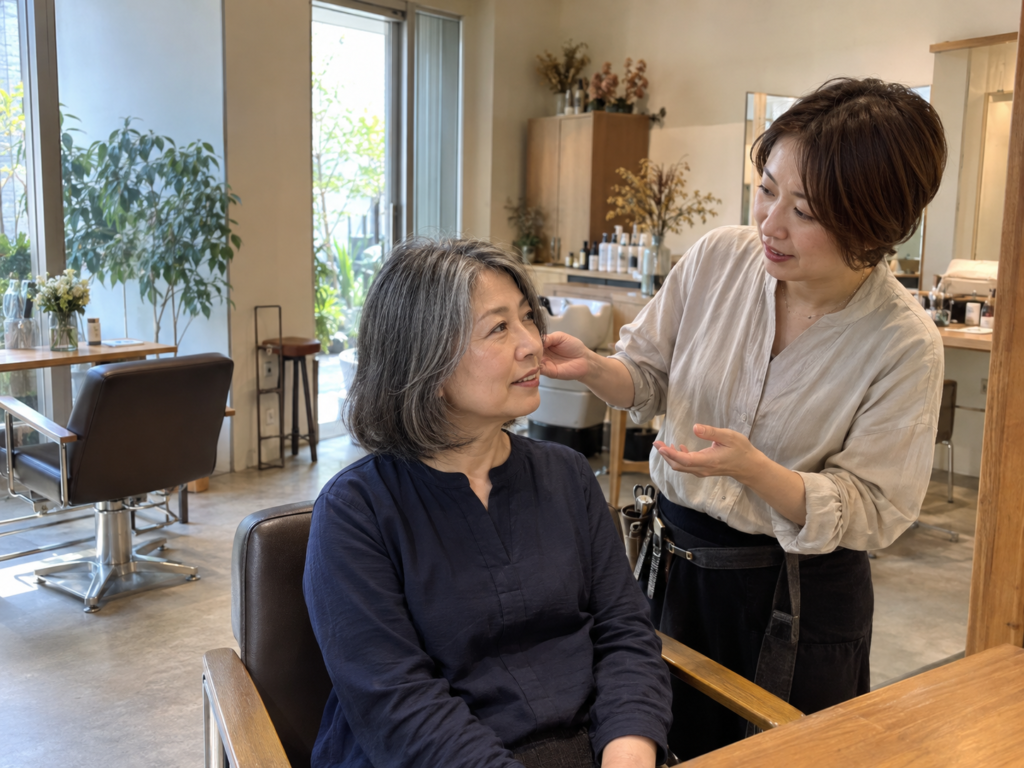 白髪ぼかしとグレイヘアの違いを相談する60代日本人女性のイメージ