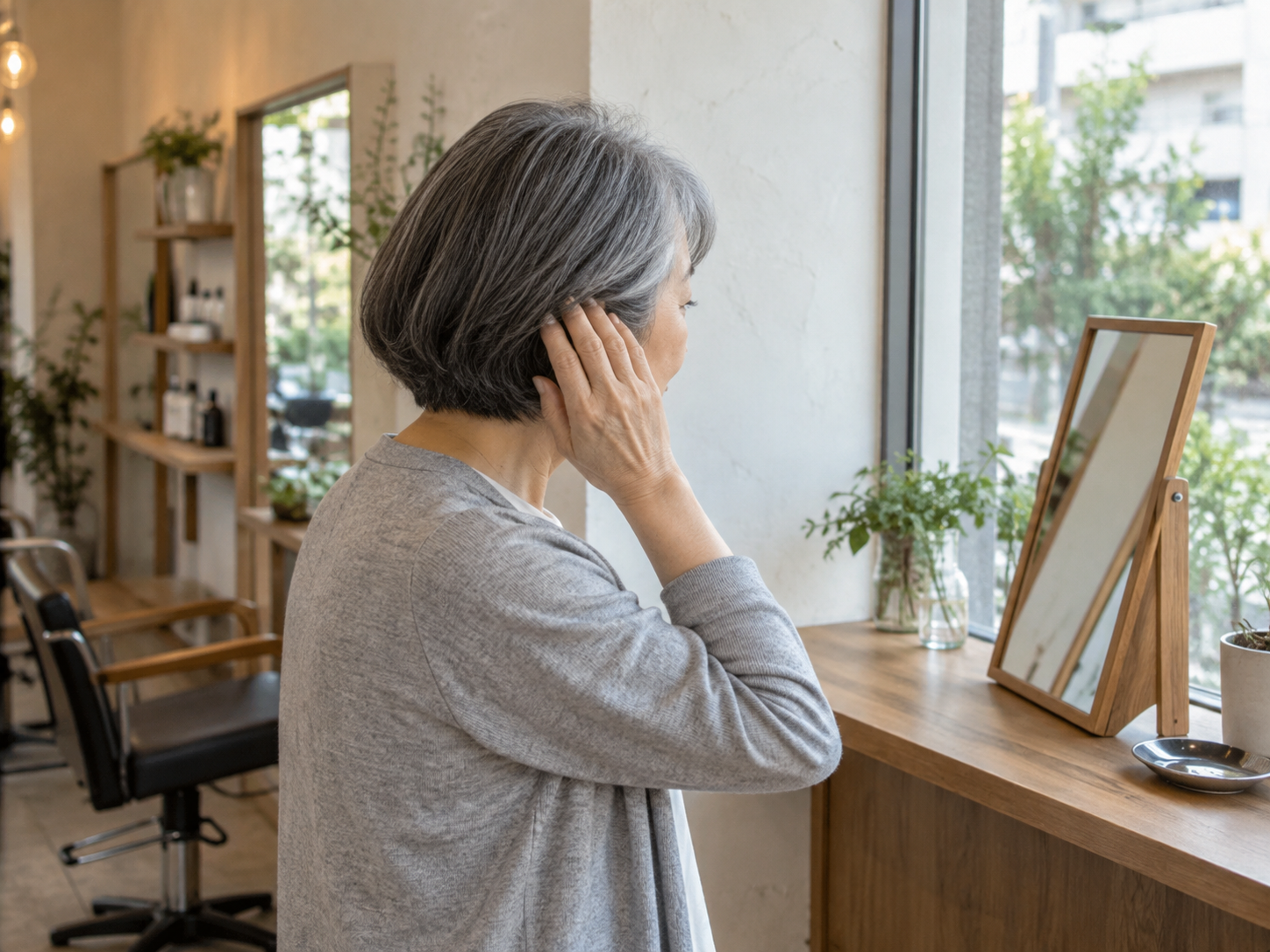 自然な白髪を活かしたグレイヘアのショートボブを鏡で確認する60代女性のイメージ