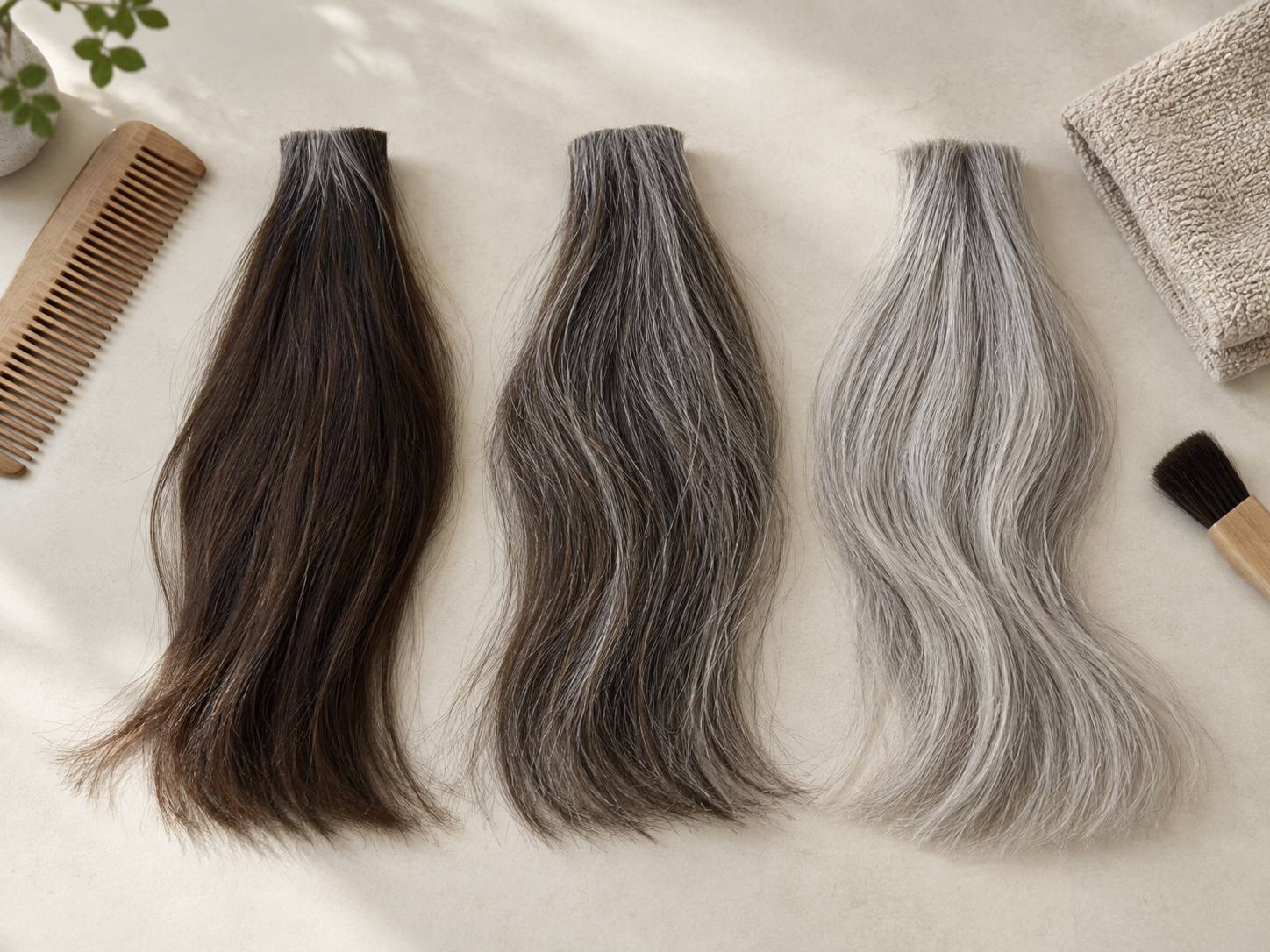 暗い既染部から自然なグレイヘアまでの移行を示す3つの毛束