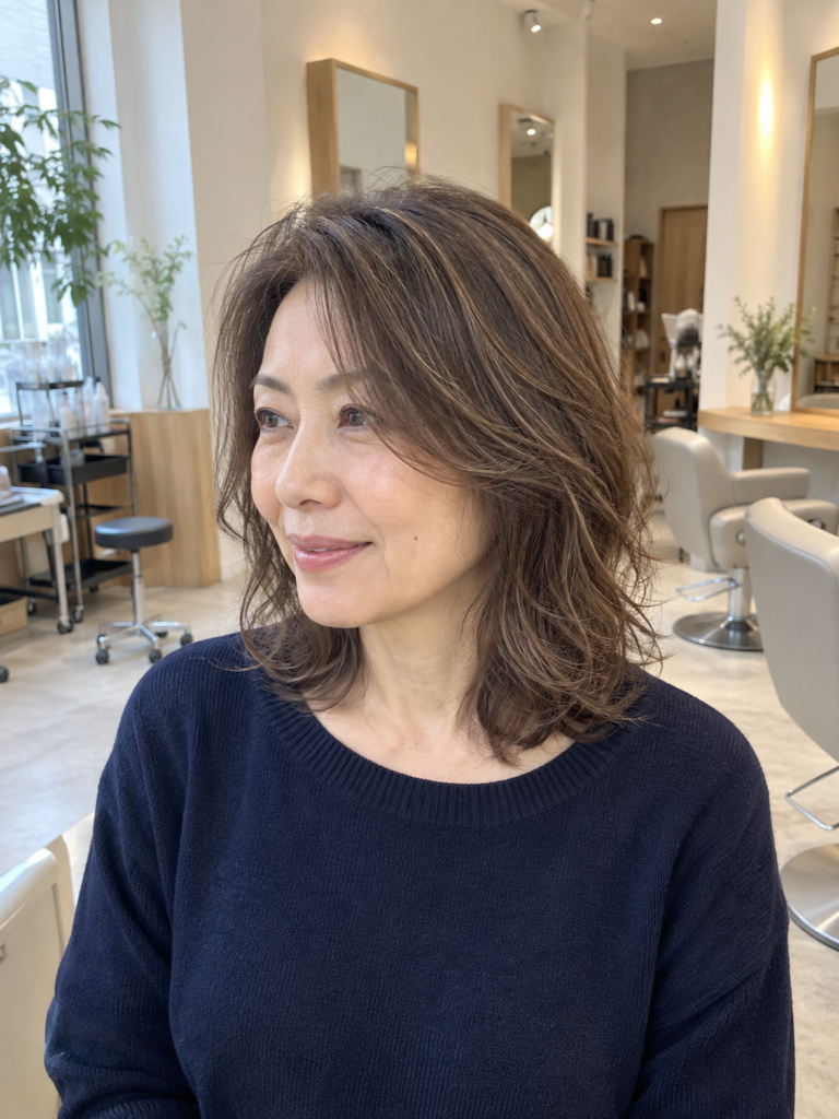 白髪ぼかしを自然なウェーブヘアになじませた50代女性のイメージ