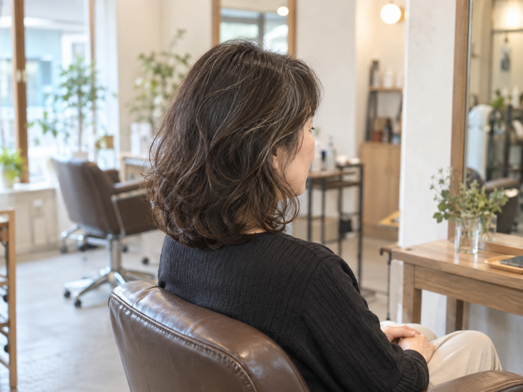 白髪が自然に混じるダークブラウンのゆるいウェーブヘアのイメージ