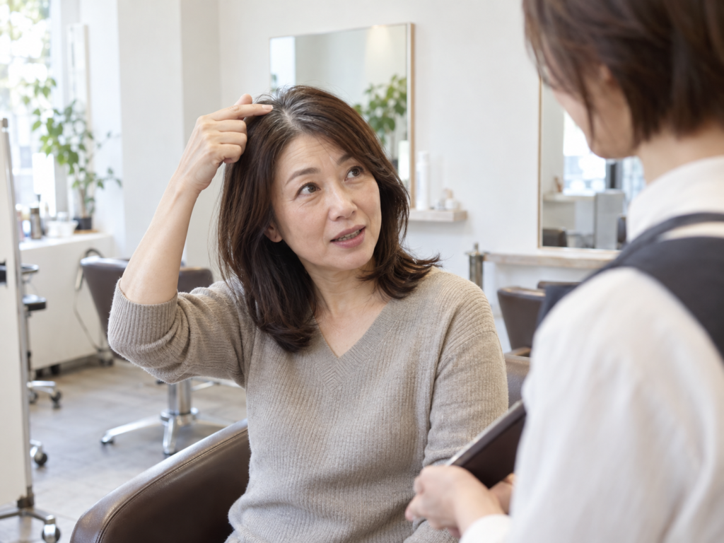 伸びた白髪の根元を美容師に相談する女性のイメージ
