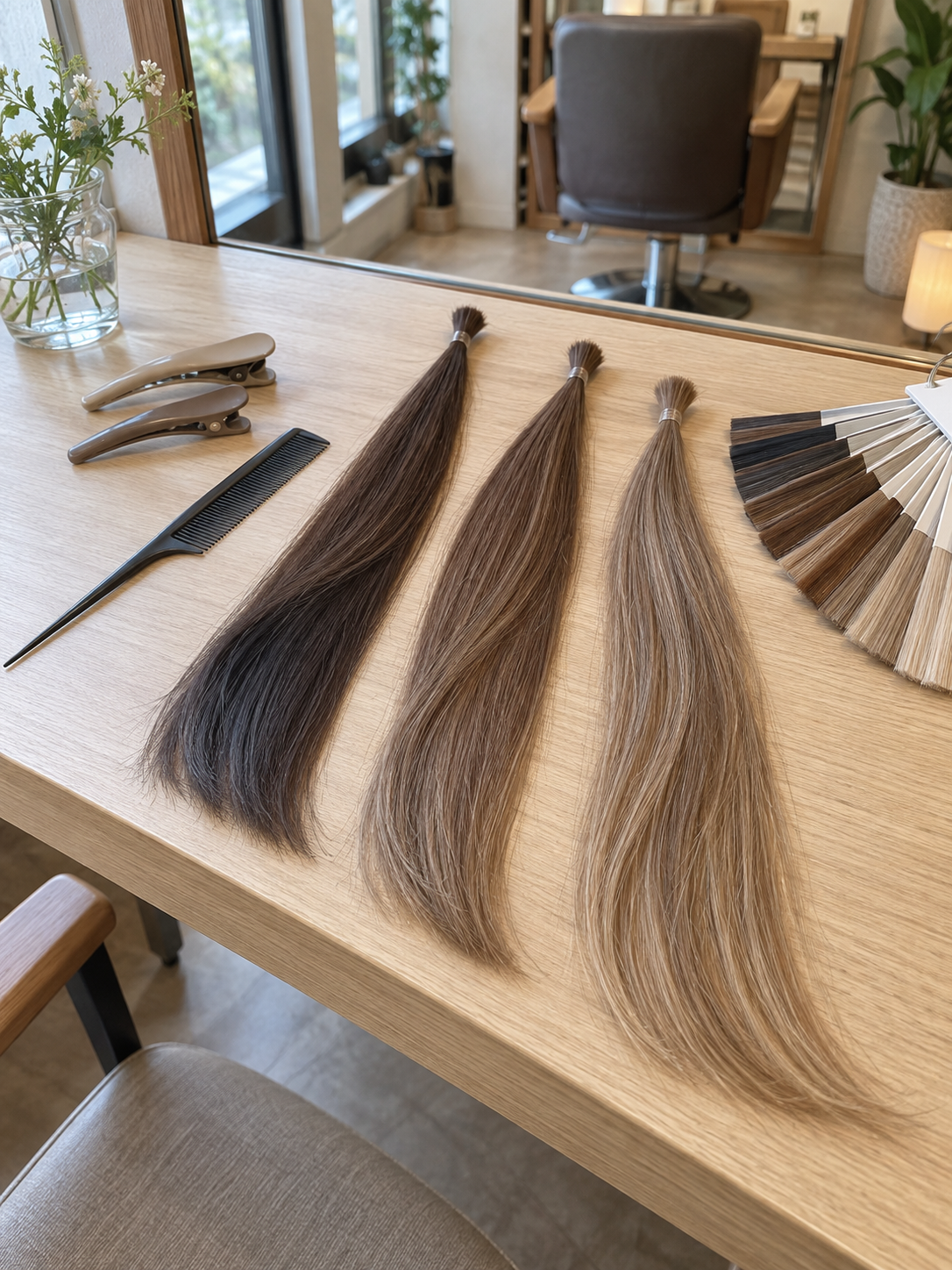 ロングヘアのカラー履歴と明るさを確認する毛束資料