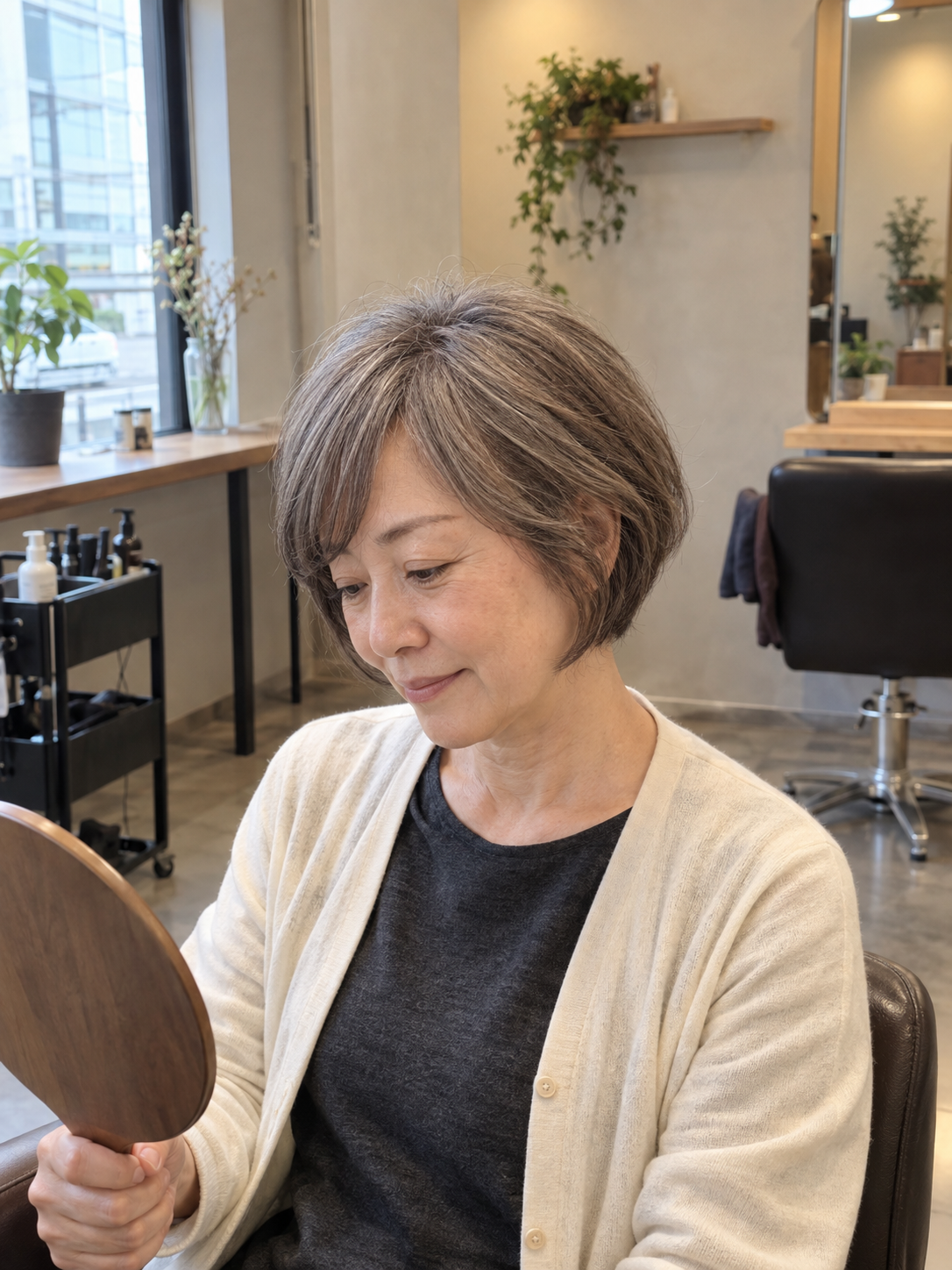 前髪ありの丸みボブと顔周りの白髪ぼかし