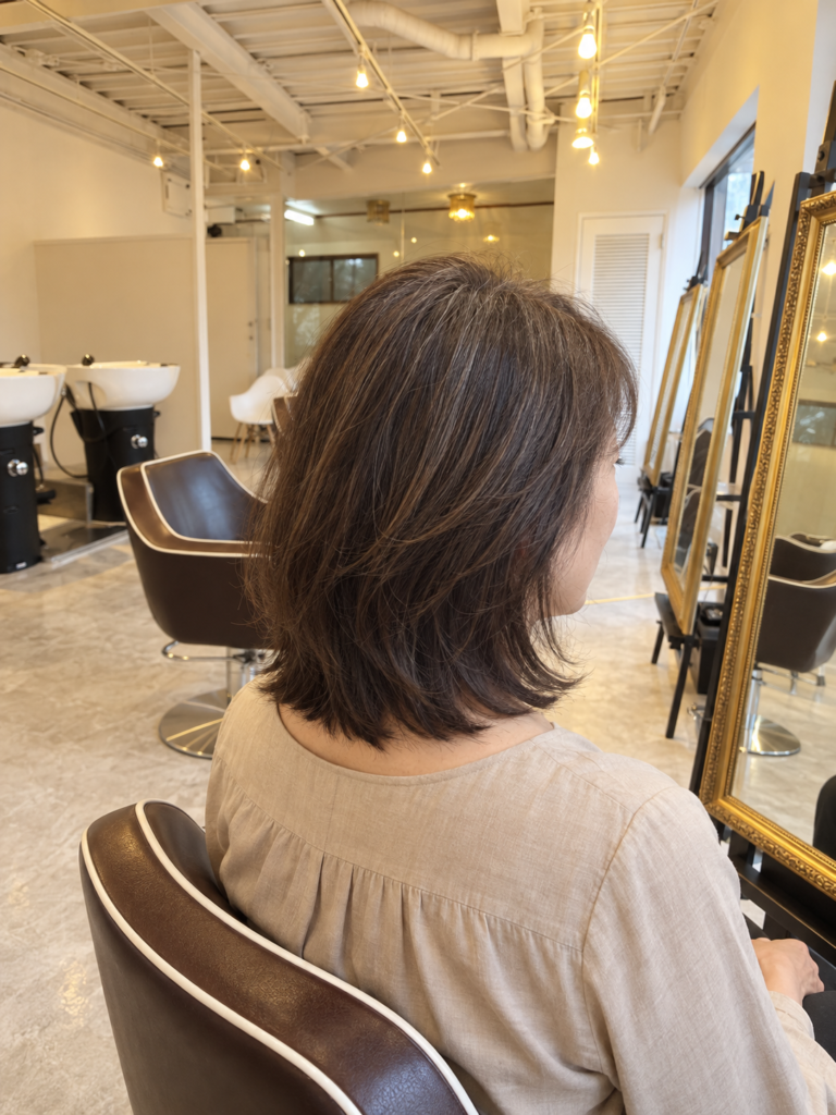 セルフカラー履歴を考慮して整えたレイヤーボブとSOY-KUFU店内