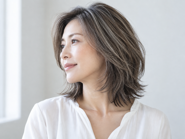 細いハイライトを入れた大人のミディアムヘア(AI生成)