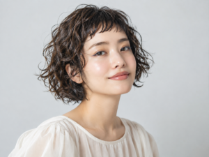 短い前髪を合わせたくるくるカールのショートヘア（AI生成）
