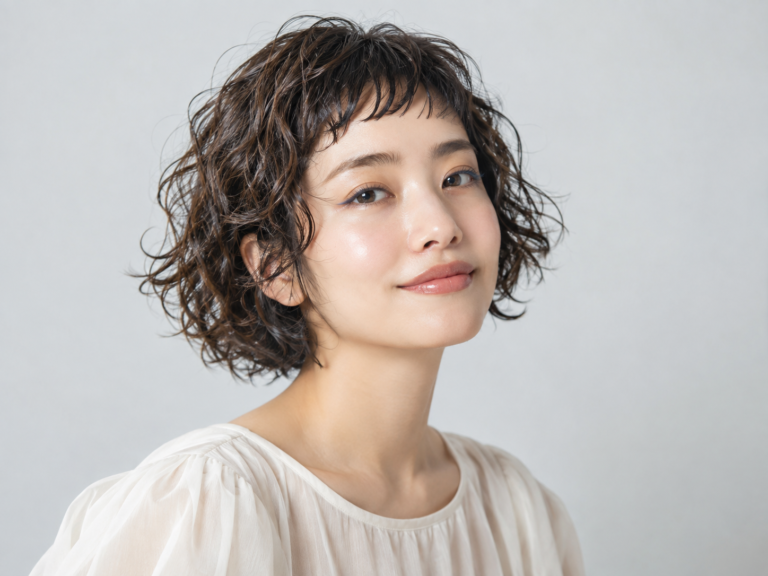 短い前髪を合わせたくるくるカールのショートヘア（AI生成）