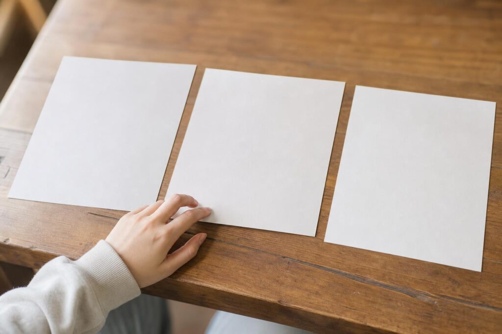 自宅の木の机を真上より少し斜めから寄りで撮る。裏向きに揃えた同じ白い印刷紙三枚が横一列に並び、学生役の片手が中央の一枚の端にそっと指を添える。顔は入れず、背景は淡くぼかし、文字は見せない。