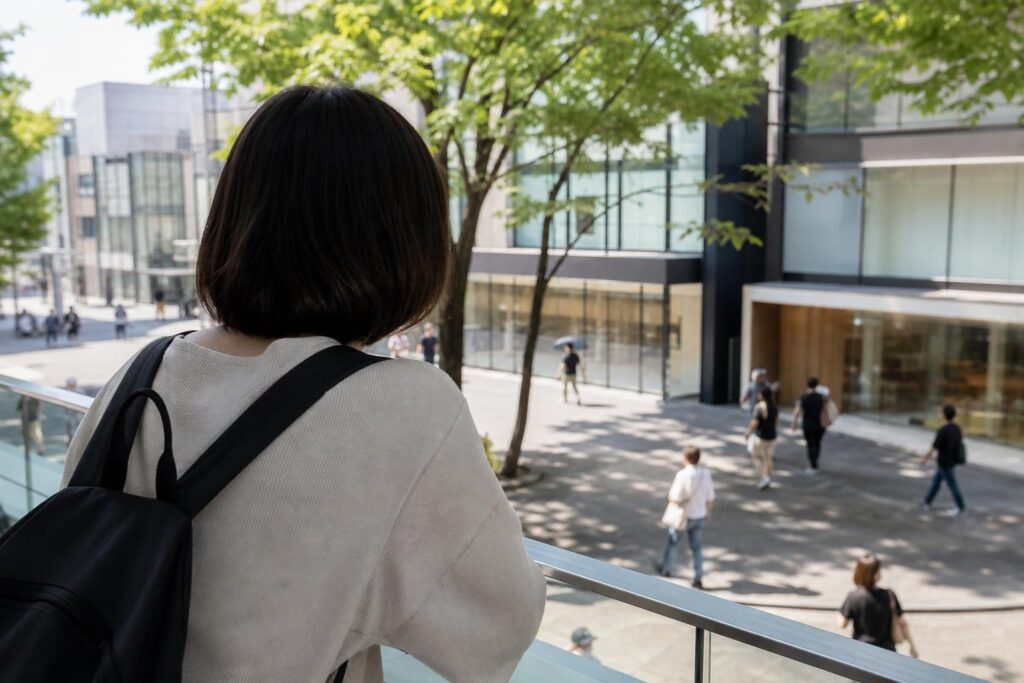 昼の駅前広場で、学生役を画面左手前に後ろ姿で置き、肩越しに行き交う人々と無地のガラス窓の店並びを見渡す。やや高い位置から中距離で、広場の木陰と柔らかな光を添え、文字は写さない。