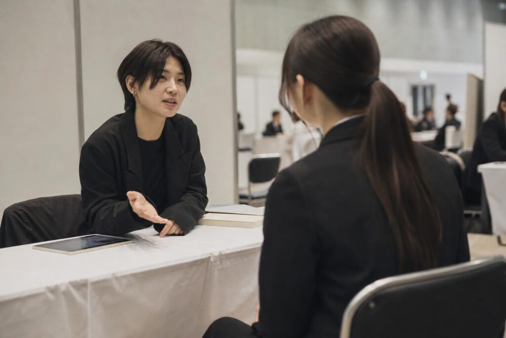 昼の合同説明会場で、学生役を画面右手前に後ろ姿で置き、少し首を傾げて質問する。肩越しに、無地の布をかけた長机の奥で、スタッフ役が片手を開いて答える。目線の高さの中距離で、背景の他ブースは淡くぼかす。文字なし。