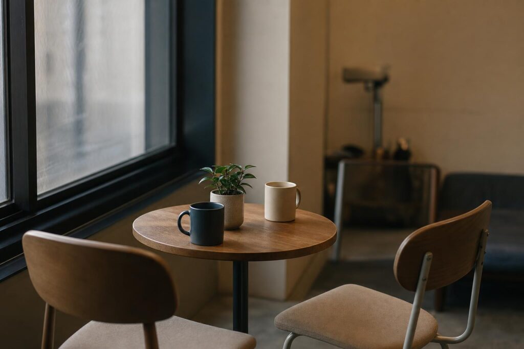 閉店後の静かなスタッフ休憩室を、人物なしで撮る静物写真。窓際の小さな丸テーブルに椅子二脚が斜めに向き合い、卓上には無地のマグ二つと小さな観葉植物だけ。座面の高さの斜め横から寄りで、背景は淡くぼかし、文字は写さない。