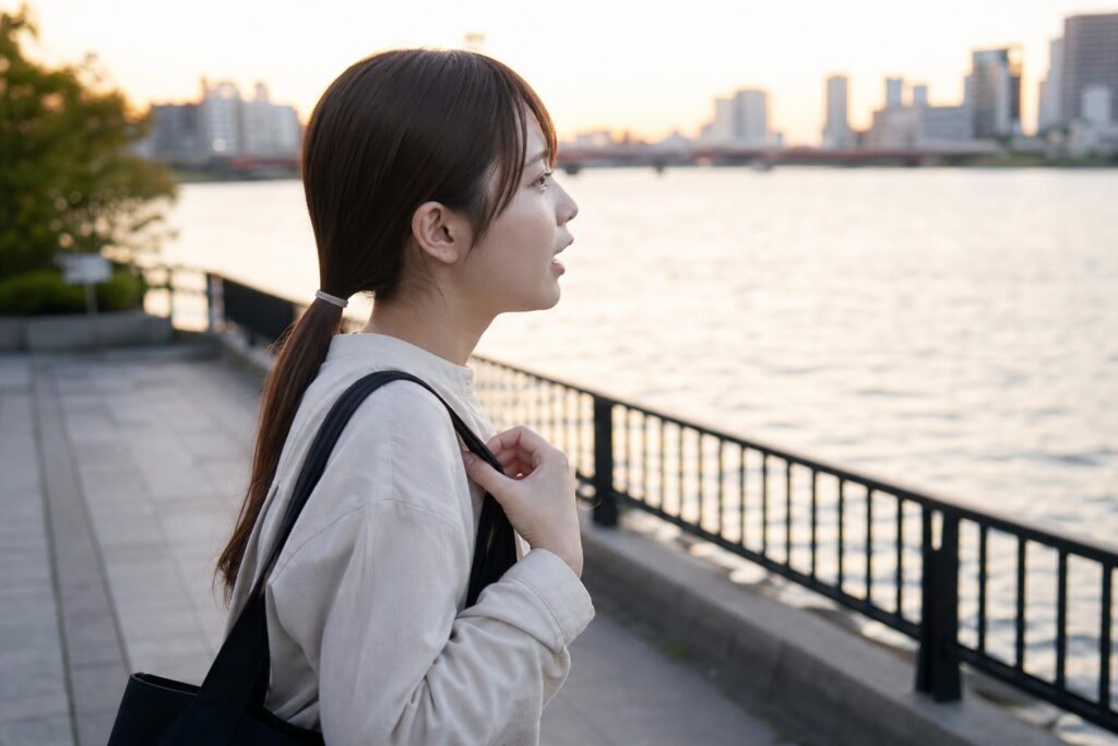 夕方の川沿いの遊歩道で、肩掛けバッグの学生役が歩きながら小さく口を動かし、答えを声に出して練習する横顔。目線の高さの中距離で、手すりと川面の柔らかな夕光を背景に残す。文字なし。