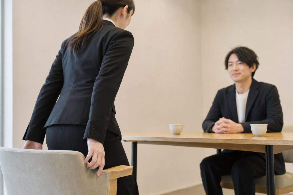 昼の小さな会議室で、応募者役が椅子を静かに引いて立ち上がる瞬間を、少し低い位置から広角を抑えて撮る。机の向かいで面接官役が穏やかに頷き、机上は無地の湯呑みだけ。背景は淡くぼかし、文字なし。