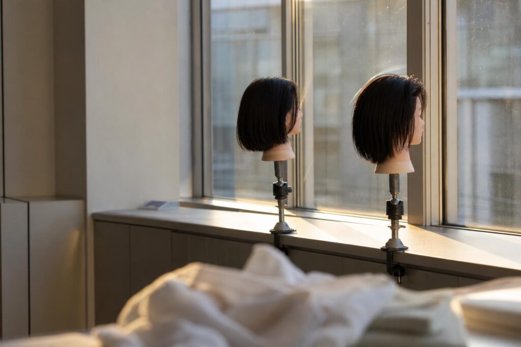夕方の美容学校の実習室の窓辺を、人物なしで望遠寄りに斜め後ろから撮る。台に置いた練習用ウィッグ二体が少し離れて並ぶ。前景に無地のタオルの端を淡くぼかし、横からの夕光で静かな余白を残す。文字は写さない。