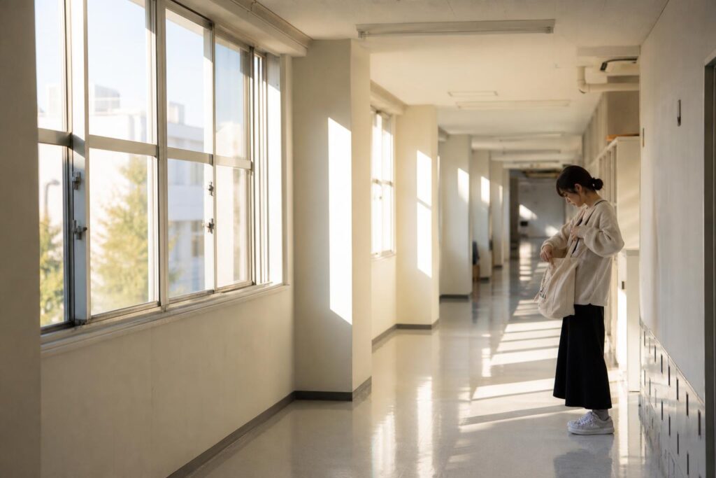 午後の美容学校の長い廊下を、高い位置から奥行きを活かして広く引いて撮る。画面右三分の一で学生役が小さく立ち、肩掛けトートの口を静かに整える。左の窓から斜光が床に長く伸びる。文字は写さない。