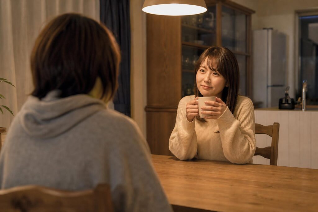夜の自宅ダイニングで、応募者役を画面左手前に椅子へ座る後ろ姿で置く。肩越しに、食卓の向かいで姉役がマグを両手で持ち、穏やかに頷いて聞く。座った目の高さの中距離で、暖色のペンダント灯、文字なし。