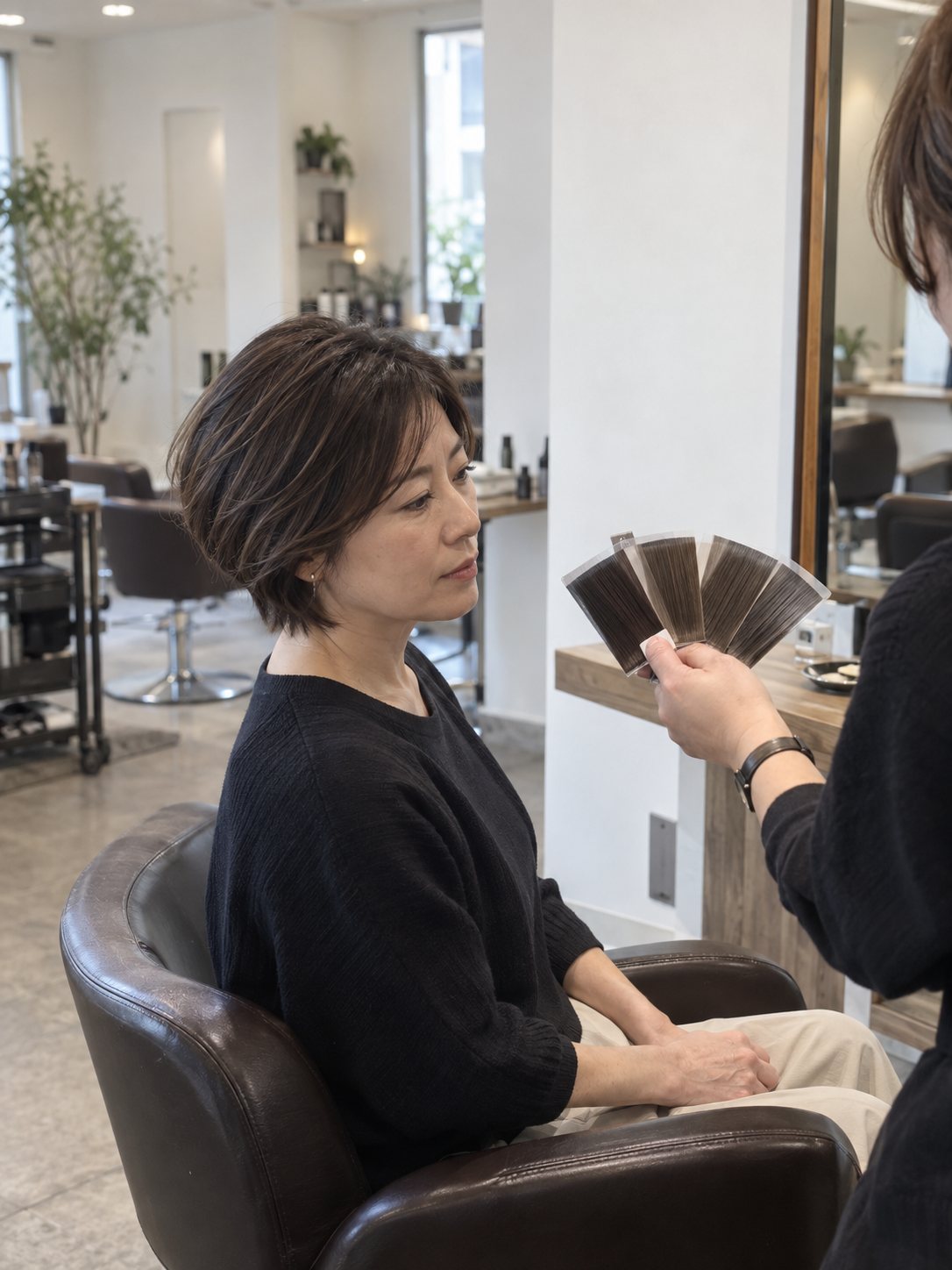 暗めの白髪ぼかしについて毛束見本を見ながら相談する様子