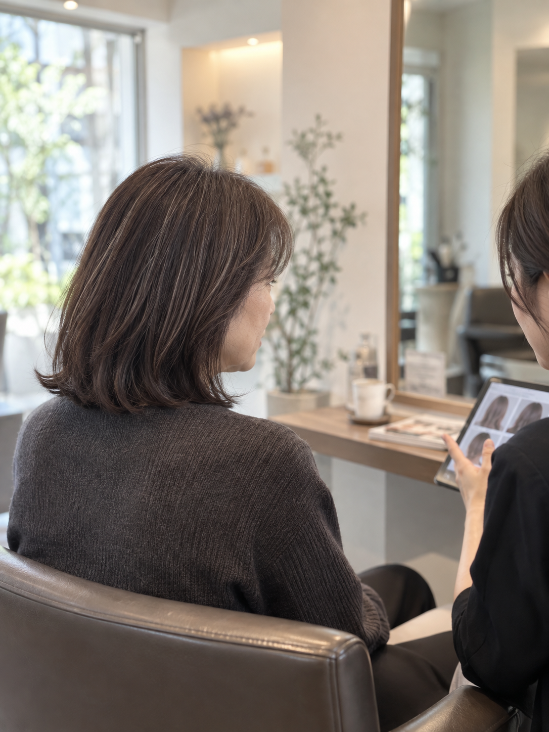 美容師とタブレットを見ながら縮毛矯正とカラー履歴を相談するイメージ