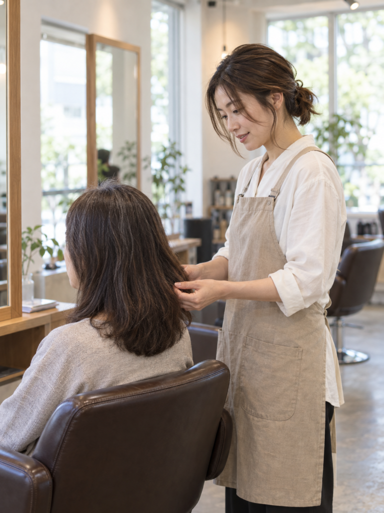 白髪ぼかしと縮毛矯正の希望を美容師に相談する50代女性のイメージ写真