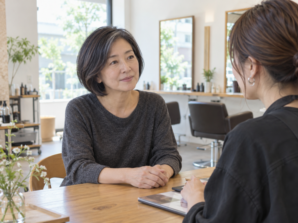 美容師にカラー後の頭皮の不安を相談する50代女性