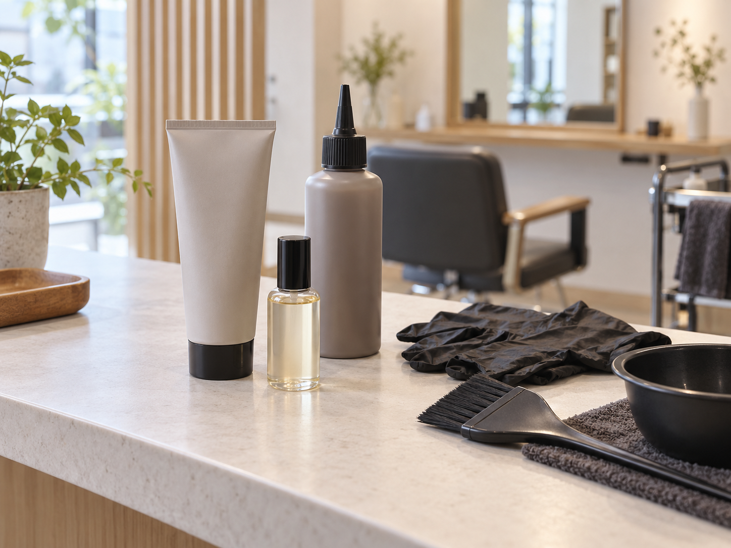 美容室で使う無銘のヘアカラー用品と施術道具のイメージ